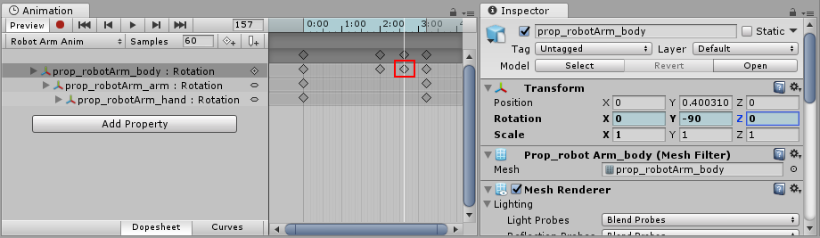 添加新关键帧（标记为红色）后，Inspector 中的值恢复蓝色。