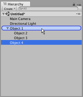 在此图中，Object 4（选定对象）被拖到目标父游戏对象 Object 1（以蓝色胶囊形状突出显示）上。