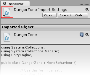 Inspector 窗口中的脚本 Select Icon 按钮（此处以红色方框突出显示）
