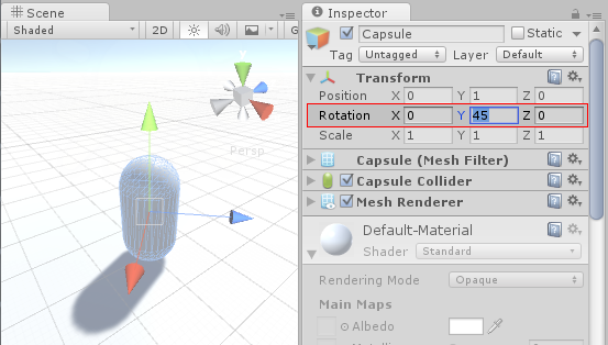 游戏对象的旋转在 Inspector 中以欧拉角的形式显示和编辑，但在内部存储为四元数