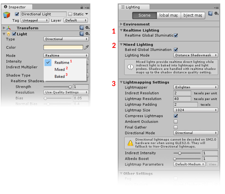 光源组件中可用的__光照模式__（左）以及 Lighting Scene 窗口中可用于这些模式的相应设置（右）。