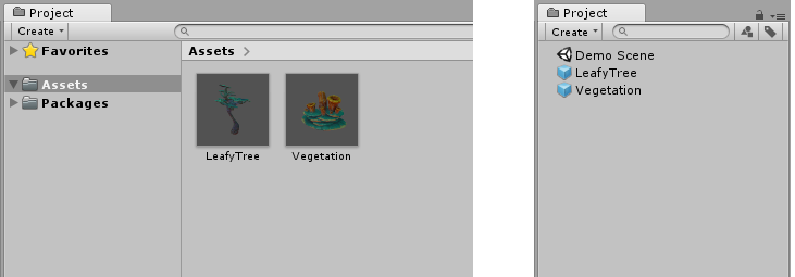 Project 窗口中以两列视图（左）和一列视图（右）显示了两个预制件（LeafyTree和Vegetation）