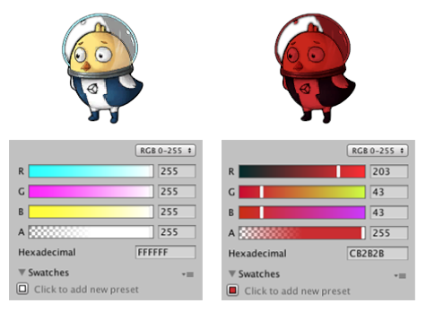 左：原始精灵。右：精灵的 RGB 颜色设置为红色。