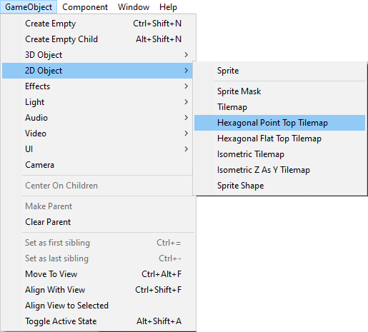 2D Object 菜单中的 Hexagonal Tilemap 选项