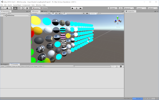 Unity 会渲染仍在用青色虚拟着色器进行编译的着色器变体，直到编译完成。右下角的进度条指示编译队列的进度。
