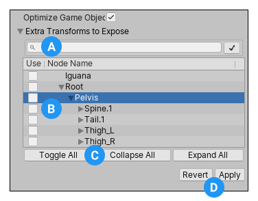 启用 Optimize Game Objects 选项时将显示 Extra Transforms to Expose 属性