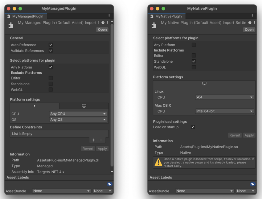 Settings for a managed plug-in (left) and a native plug-in (right).