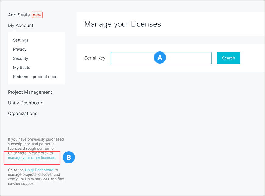 位于您的 Unity ID 帐户下的管理您的许可证 (Manage your Licenses) 页面