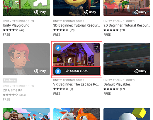 将鼠标悬停在 Asset Store 资源包缩略图 (A) 上以查看 Quick Look 链接 (B)