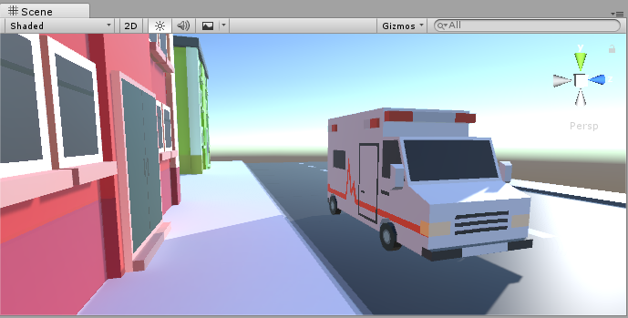 救护车的侧面现在呈现红色，因为它通过场景中的光照探针从建筑物的前方接受了红色的反射光。