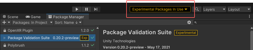 The Experimental Packages In Use warning appears in the toolbar