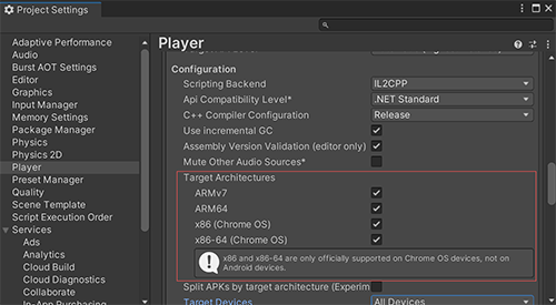 Location of Target Architectures in Player Settings for Chrome OS
