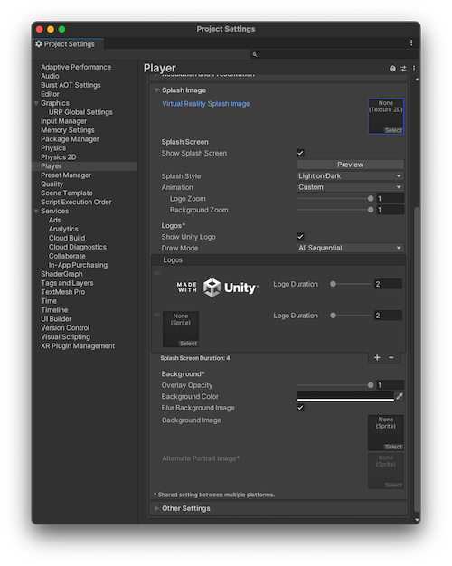 Player settings Unity. Project settings Unity. Build settings Unity. Unity Splash Screen.