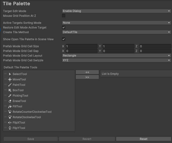 Tile Palette Preferences window