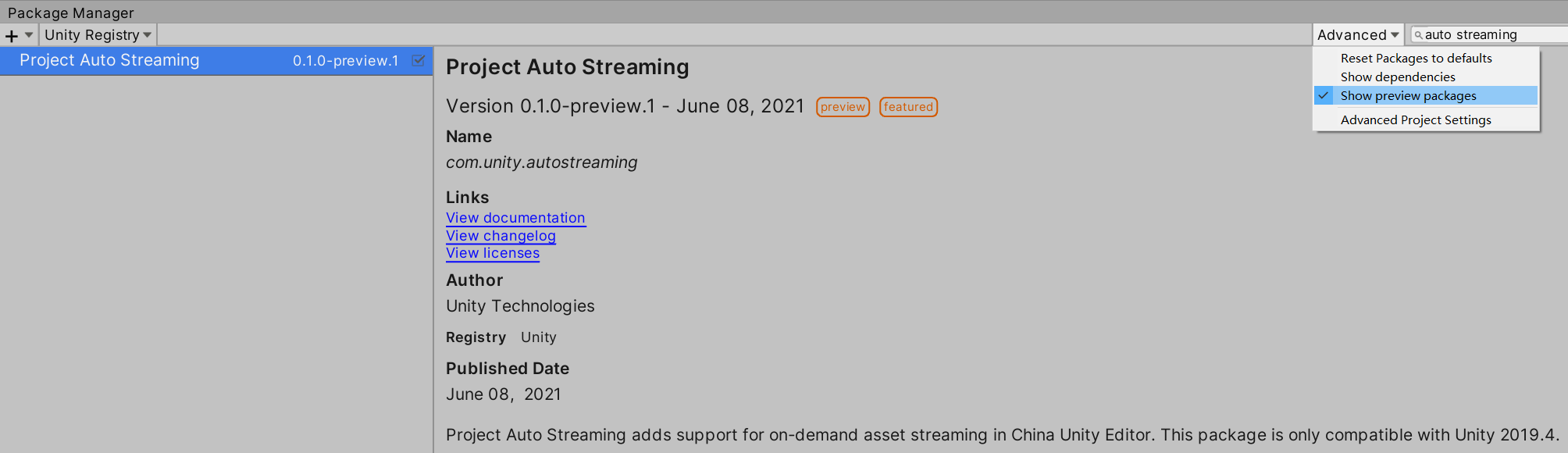 Unity Auto Streaming 使用示例| Auto Streaming | 2.0.0-pre