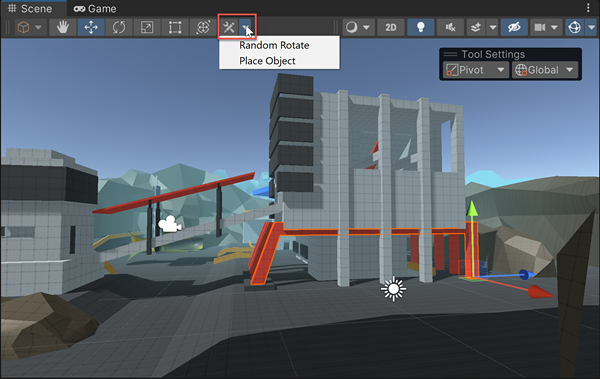 Custom Editor tools are available from a menu in the Scene view Tools toolbar Overlay