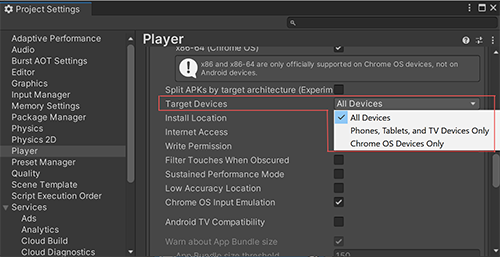 Location of Target Devices in Player Settings for Chrome OS
