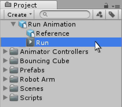 已导入的 FBX 3D 资源，其中包含标题为“Run”的动画