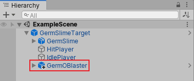 Hierarchy 窗口显示的预制件实例添加了一个名为“GermOBlaster”的子游戏对象作为覆盖。