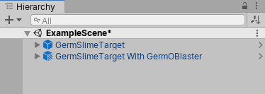 Hierarchy 窗口中显示的一个基本 GermSlimeTarget 预制件，以及该预制件一个名为“GermSlimeTarget With GermOBlaster”的变体。