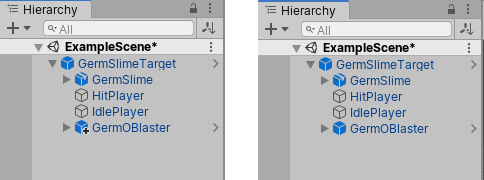 左：“GermOBlaster”预制件作为覆盖添加到“GermSlimeTarget”预制件实例。右：“GermOBlaster”预制件已应用于“GermSlimeTarget”预制件，现在是“GermSlimeTarget”预制件资源的嵌套预制件。