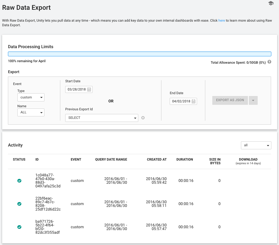  Raw Data Export 界面上的 Export 部分和 Activity 表