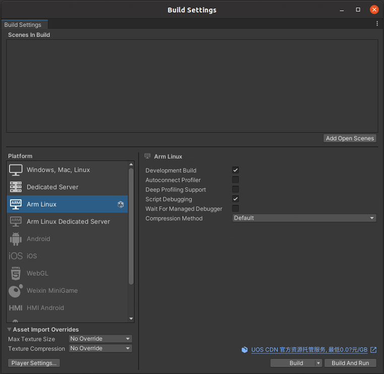 ArmLinux build settings in Unity