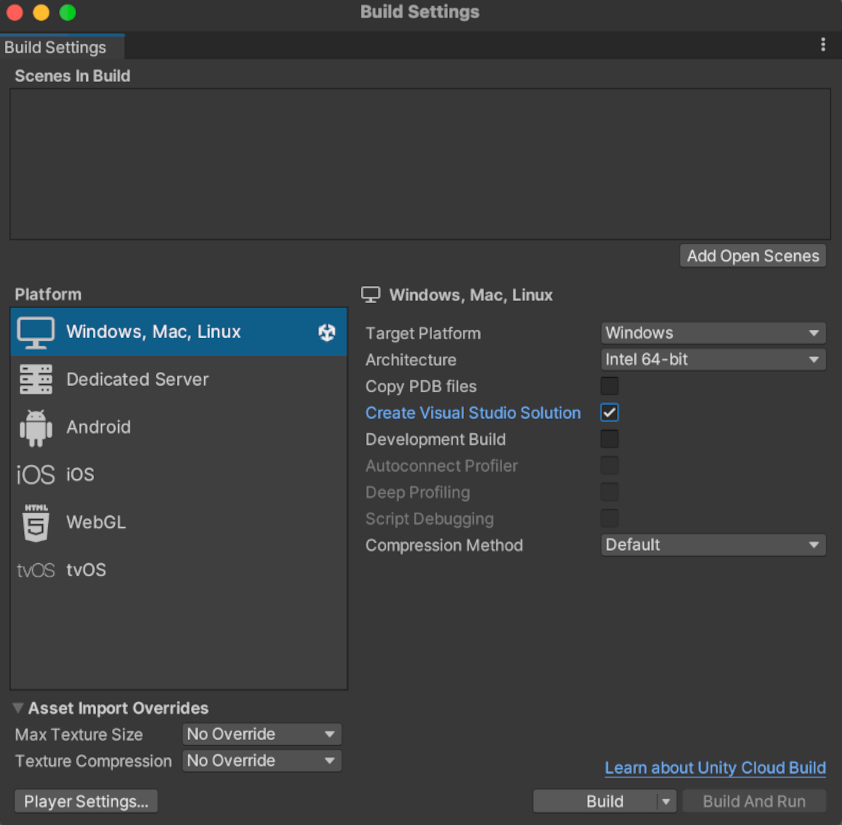 选择了 Create Visual Studio Solution 的 Build Settings 面板