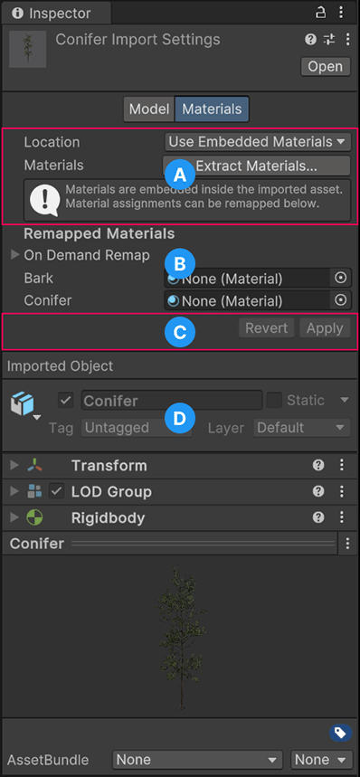 SpeedTree 导入器的 Materials 选项卡