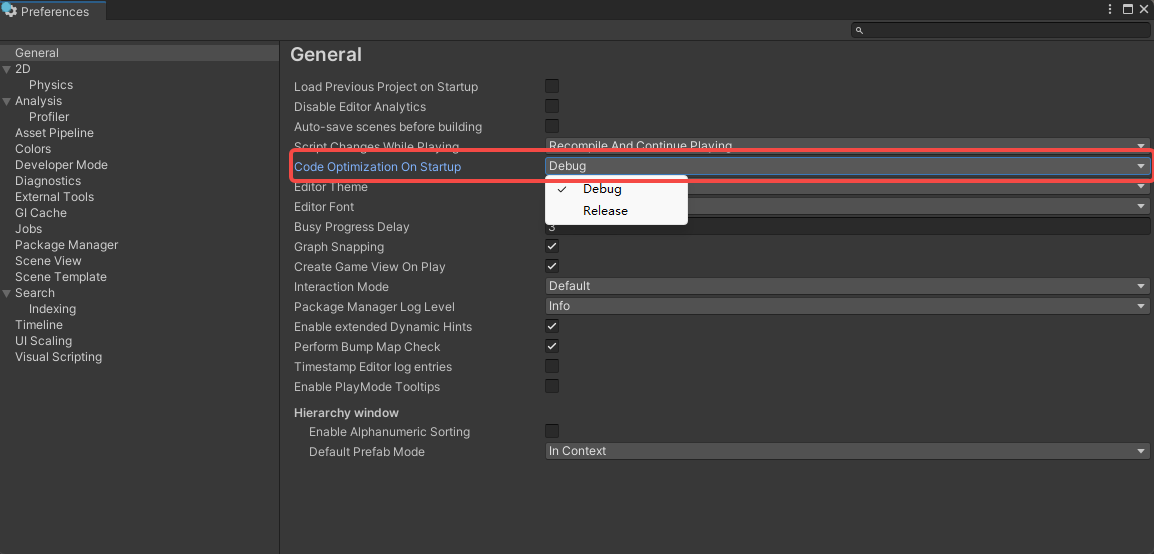 In Preferences, you can change the Code Optimization mode that Tuanjie starts in.