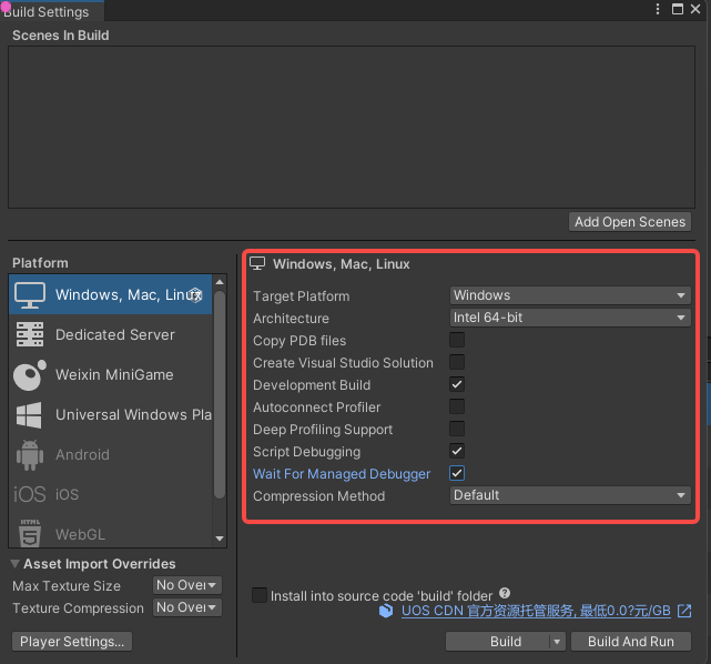 The Build Settings menu with Development Build, Script Debugging, and Wait for Managed Debugger enabled.