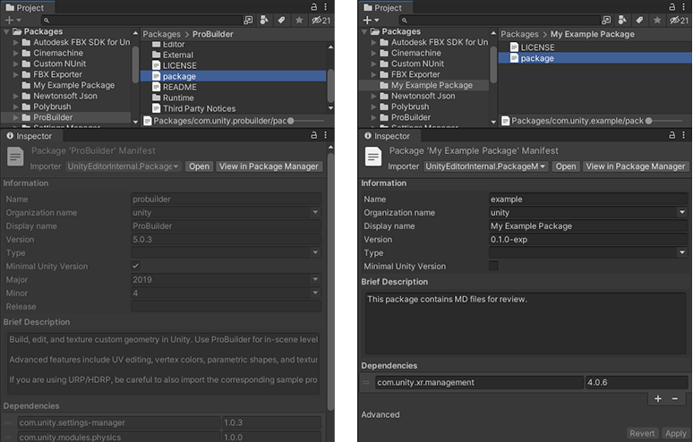 Registry package (immutable) on the left and an embedded package (mutable) on the right