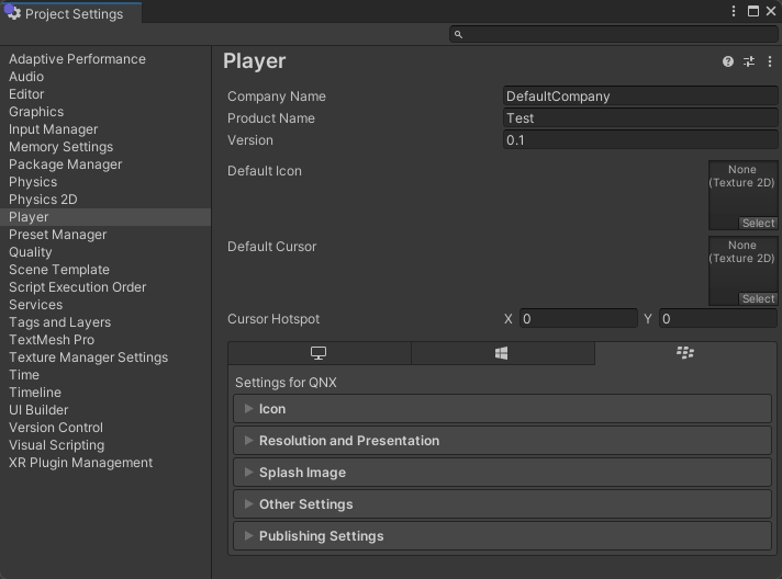 PlayerSettings for QNX