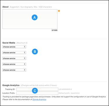 可选部分： A - About、B - Social links、C - Google Analytics