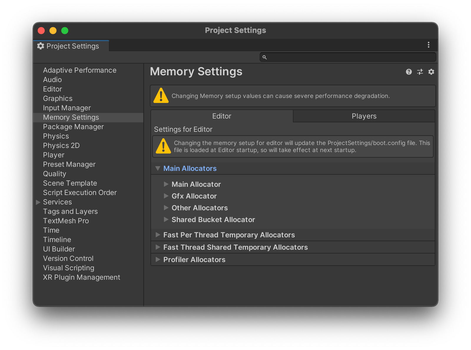 Project Settings > Memory Settings, showing a selection of Player memory settings