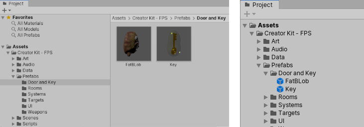 Project 窗口中以两列视图（左）和一列视图（右）显示了两个预制件（“FatBlob”和“Key”）