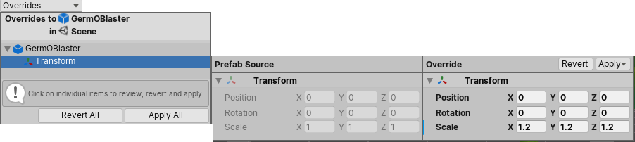 具有比较视图的 Overrides 下拉选单，其中显示了预制件实例子游戏对象的变换 (Transform) 组件中的修改值