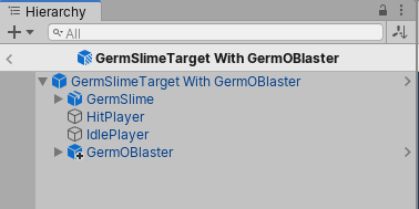 预制件模式下的预制件变体“GermSlimeTarget With GermOBlaster”。添加了“GermOBlaster”预制件作为基础预制件的覆盖