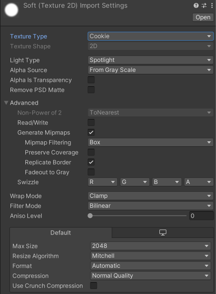 Properties for the Cookie Texture Type