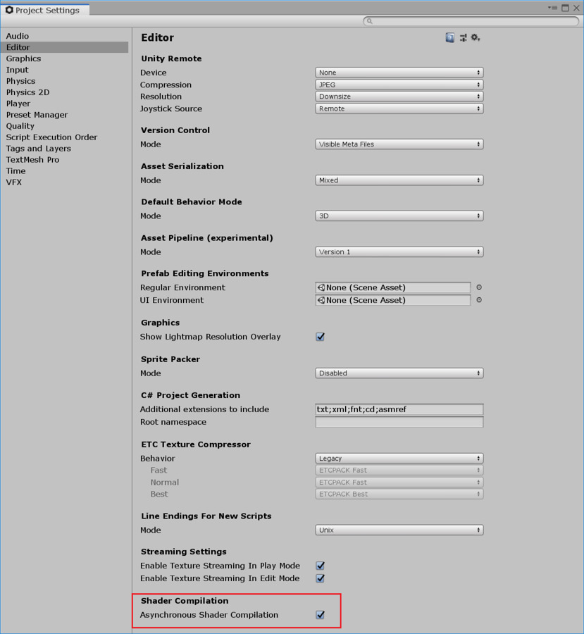 可以在 Project Settings &gt; Editor &gt; Shader Compilation 下找到 Asynchronous Shader Compilation 的复选框。