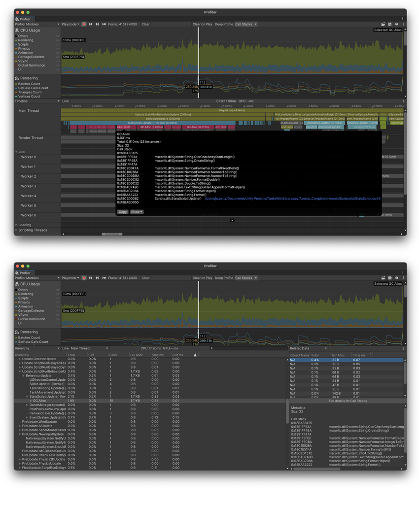 Profiler window in Timeline view with GC.Alloc sample selected (top), and with the same sample selected in Hierarchy view.