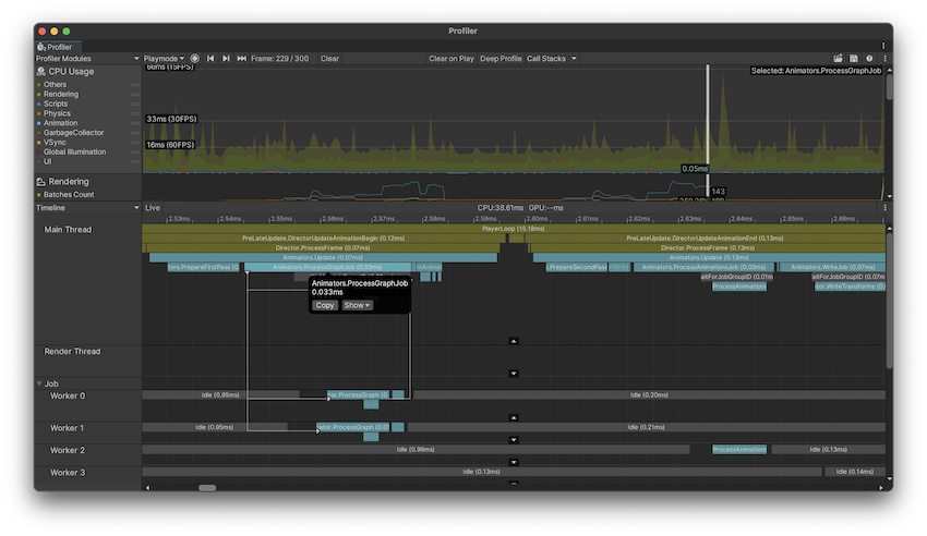 The Timeline CPU Profiler view with Flow Events enabled and a sample selected.