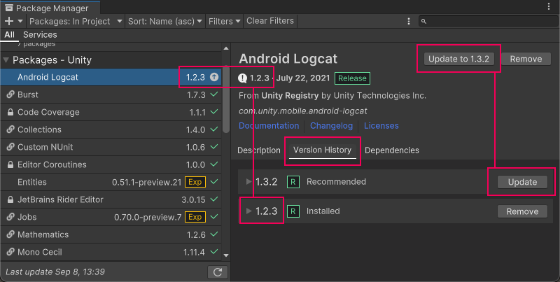 Version numbers for installed packages display in multiple places and the recommended version appears on the Update to button