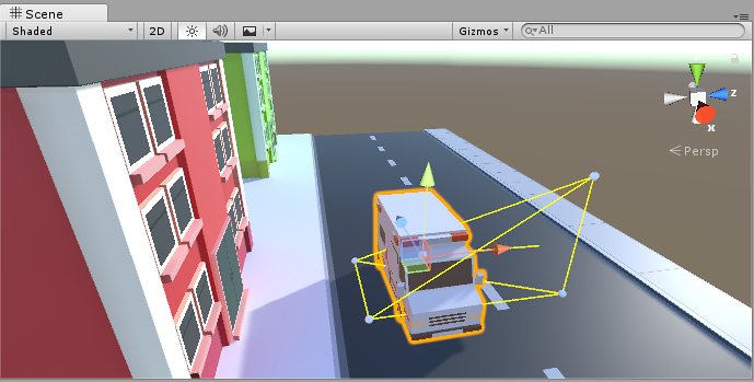 The light probes that are being used to light a dynamic object are revealed in the scene view when the object is selected, connected by yellow lines to show the tetrahedral volume.