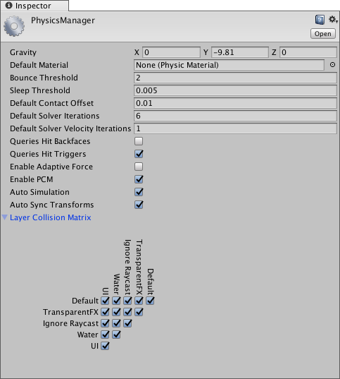 The PhysicsManager, shown in the Inspector window.