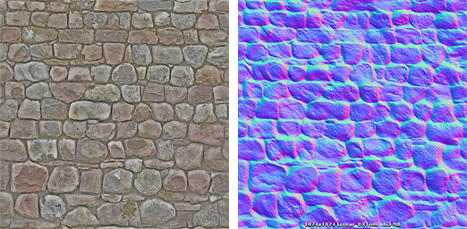 Una textura de una pared de piedra y su textura normal map correspondiente.