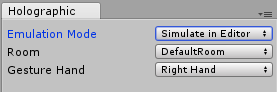 Holographic Emulation control window with Simulate in Editor selected 