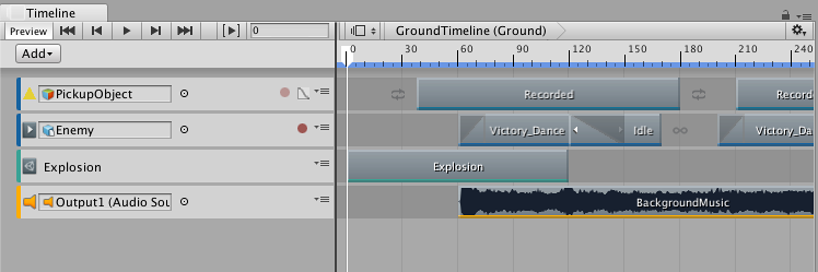 A cinematic in the Timeline Editor window. The tracks and clips are saved to the project. The references to GameObjects are saved to the scene.