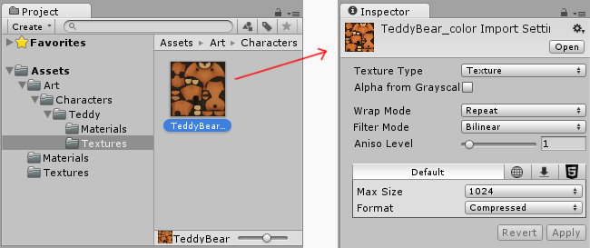 Haciendo click en un asset de imagen en la ventana del Proyecto muestra los import settings para ese asset en el Inspector