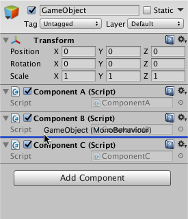Dragging and dropping components on a GameObject in the Inspector window